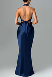 Cross Halter Bodycon Tie Up Open Back Gowns Maxi Dresses-Navy