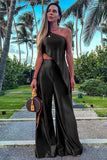 One Shoulder Irregular Hem Satin Top Wide Leg Pants Matching Set