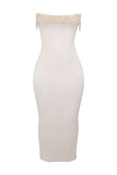 Beads Pearls Fringed Trim Strapless Corset Bodycon Midi Dresses-White