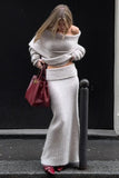 Off Shoulder Long Sleeve Oversized Sweater Knit Midi Skirt Matching Set-Beige