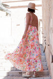 V Neck Backless Quilted Floral Print Vacation Maxi Slip Dresses