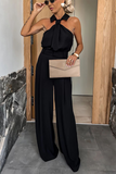 Sleeveless Turndown Collar Wide Leg Plain Jumpsuit-Khaki