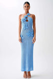 3D Flower Decor Slim Fit Backless Knit Halter Maxi Dresses-Blue