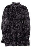 Leopard Print Turndown Collar Lantern Sleeve A-Line Mini Dresses-Black