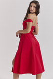 Dropped Shoulder Corset A-Line Slit Solid Color Midi Dresses-Red