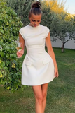 Round Neck Short Sleeve A-Line Solid Color Mini Dresses-White