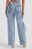 Denim Strapless Irregular Crop Corset Pockets Straight Leg Cargo Jeans Matching Set-Blue