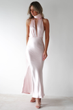 Halter Neck Slim Fit Fishtail Hem Backless Maxi Dresses-Pink