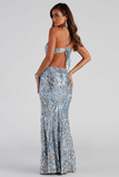 Sequin Pattern V Neck Cutout Backless Party Gowns Maxi Slip Dresses-Blue