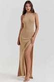 Stand Collar Backless High Slit Party Maxi Dresses-Khaki