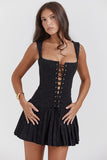 Lace-Up Corset Sleeveless Pleated Jacquard Mini Dress-Black