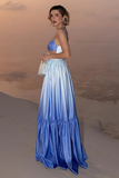 Gradient Color Cutout Open Back Shirred Maxi Strappy Dresses-Blue