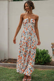 V Neck Halter Floral Print Ruffle Hem Vacation Maxi Dress