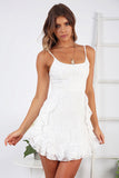 White Boat Neck Jacquard Ruffle Hem Slim A-line Slip Mini Dresses