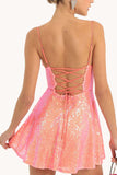 Sequins Cami Lace Up Backless A-Line Birthday Party Mini Dresses-Gold