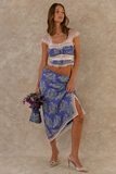 Lace Patchwork Crop Top Floral Print Midi Skirt Matching Set-Blue