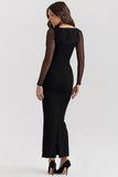 Irregular Cutout Long Sleeve Slim Fit Mesh Maxi Dresses-Black