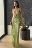 Halter Cutout Twisted Knot High Slit Sleeveless Maxi Dresses-Green