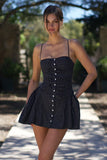 Polka Dot Button Ruffle Accents A-Line Mini Slip Dresses-Black