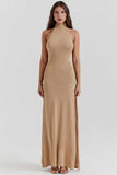 Stand Collar Backless High Slit Party Maxi Dresses-Khaki