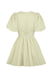 Deep V Neck Puff Sleeve Front Bow A-Line Mini Dresses-Green