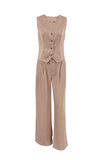 Striped V Neck Button Up Waistcoat Wide Leg Pants Matching Set-Brown