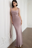 Thick Straps Slim Fit Backless Streamer Decor Satin Gowns Maxi Dresses-Purple