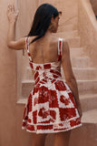 Notched V Neck Cutout Print A-Line Sleeveless Mini Dresses-Red Pre Order