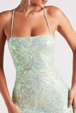 Boat Neck Bodycon Open Back Sequin Pattern Party Mini Slip Dresses-Green