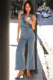 Lapel Collar Sleeveless Pocket Denim Flare Leg Jumpsuit-Blue