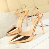 Burnished Plain Pointy Toe Ankle Strap Buckle Stiletto Heels