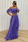 Off Shoulder Crop Top Irregular Tulle Maxi Skirt Evening Gown Matching Set