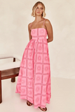 Floral Print Boat Neck Spaghetti Strap A-Line Backless Vacation Maxi Dresses-Pink