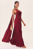 Deep V Neck Streamer Backless Gowns Maxi Tank Dresses-Burgundy