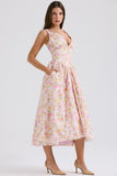 Sleeveless V Neck Cinch Waist Floral Print Midi Dresses-Pink