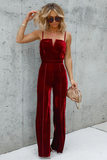 Velvet Solid Color Cami High Waist Straight Leg Jumpsuit-Burgundy