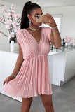 Plunging Neck Sleeveless Pleated Waist Mini Dress