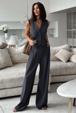 V Neck Waistcoat Plain Wide Leg Pants Matching Set-SlateGray