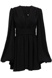 Deep V Neck Balloon Sleeve A-Line Pleated Solid Color Mini Dresses-Black