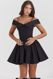 Cold Shoulder Corset A-Line Pleated Hem Cocktail Party Slip Mini Dresses-Black