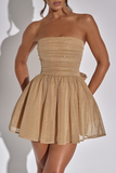 Boat Neck Strapless A-Line Back Bow Sparkling Mini Dresses-Gold