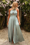 3D Flower Decor High Collar Halter Slit A-Line Maxi Dresses-Green