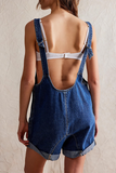 Deep V Neck Wide Straps Pockets Loose Fit Denim Casual Playsuit Romper-Blue