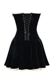 Velvet Strapless Lace Up Corset A-Line Pleated Mini Dresses-Black