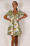 Floral Print V Neck Juliet Sleeve Lace Ruffled Trim A-Line Mini Dresses-Green