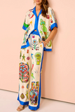 Doodle Print Short Sleeve Blouse Colorblock Wide Leg Pants Matching Set-Beige