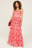 Ruffle Layered Cinch Waist Print Party Maxi Tube Dresses-Pink