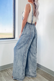 Denim Raw Edge Wide Leg Overalls-Blue