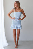 Square Neck Ribbon Sleeveless Ruched Ruffle Mini Dresses-Blue