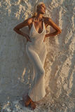 Crochet Halter Backless Slim Fit Hollow Out Vacation Maxi Dresses-White